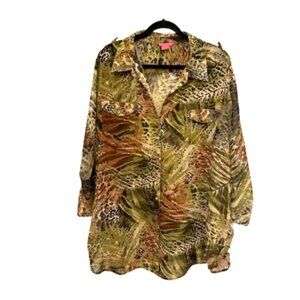 Sunny Leigh olive green, tan animal print blouse.